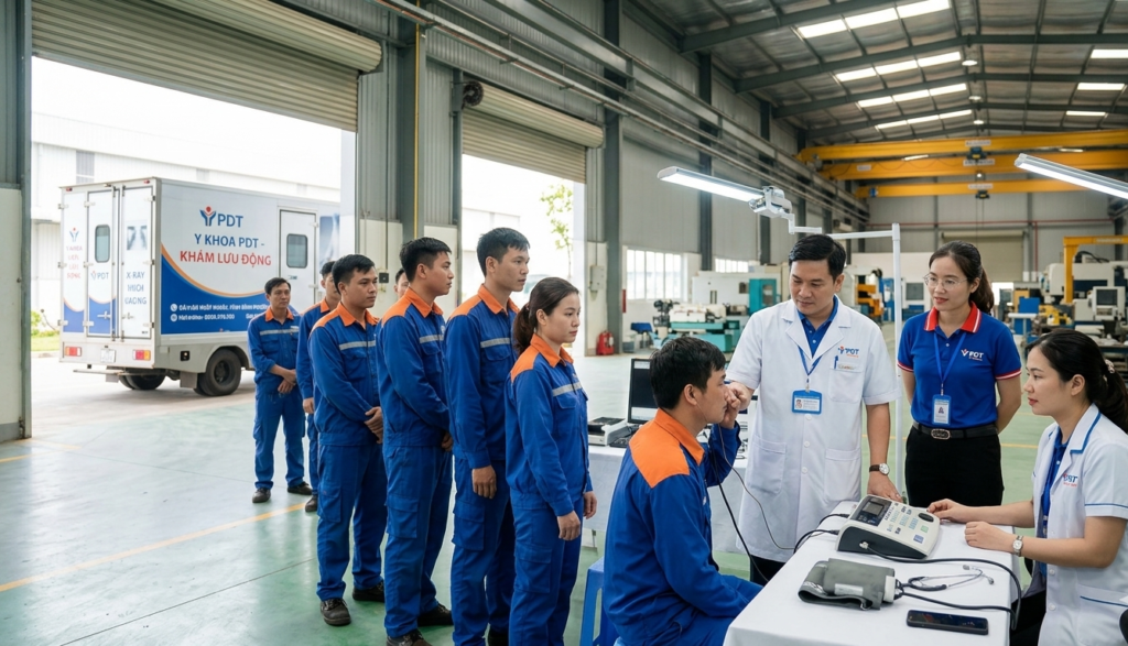 Một đoàn y bác sĩ PDT (Y Khoa PDT Bình Phước) đang thực hiện quy trình khám bệnh nghề nghiệp tận nơi cho công nhân tại nhà máy KCN Chơn Thành. Bác sĩ đang khám tai (ear examination), trong khi xe chụp X-quang và siêu âm lưu động hiện đại được đậu ngay tại khuôn viên nhà máy, thể hiện rõ tính chất 'lưu động' và 'tận nơi'.